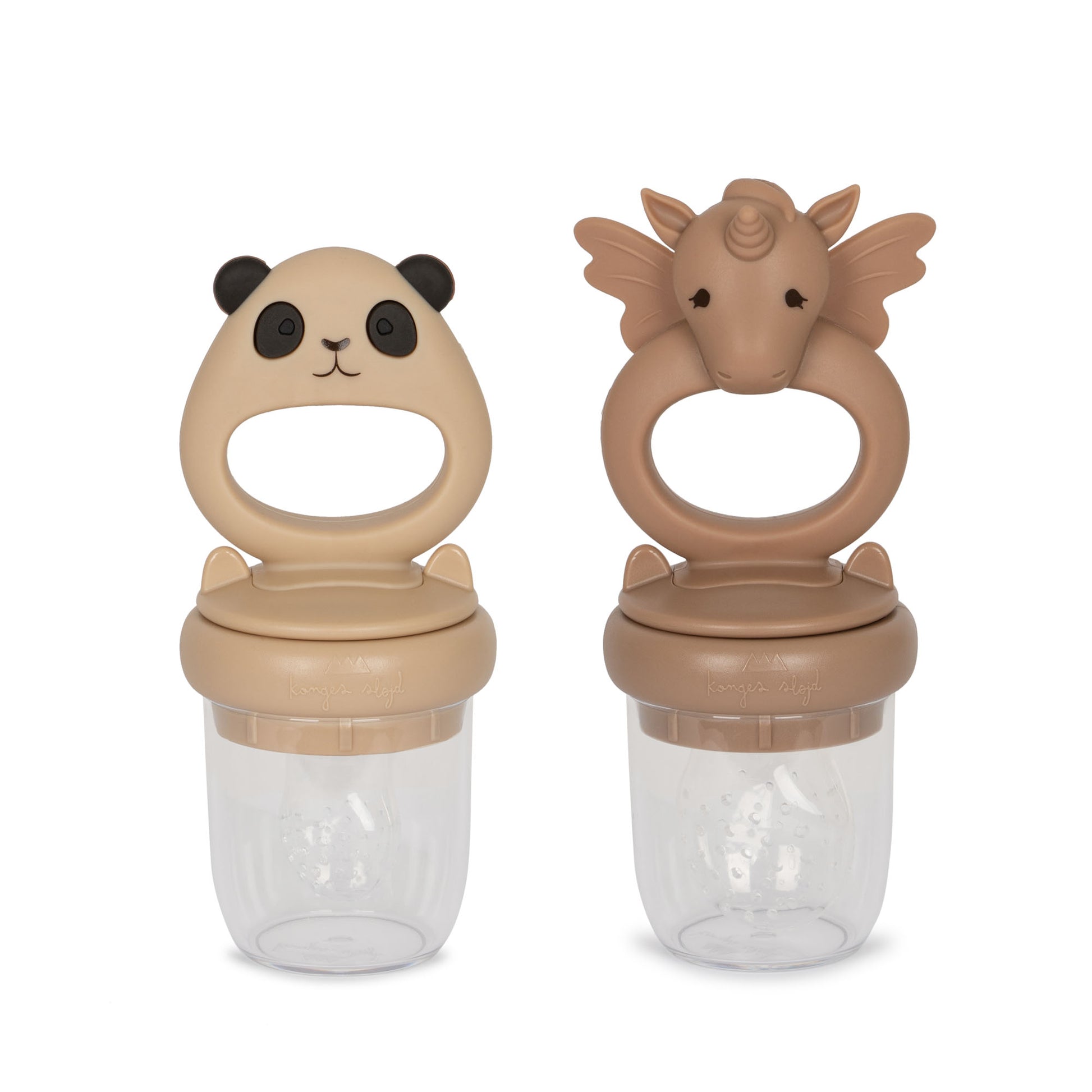 Grignoteuses originales pour bébés : une en forme de panda et l'autre en forme de licrone rose. Tetines grignoteuses pour apprendre à manger seul, sans risque d'étouffement. Parfaits pour les petites mains curieuses