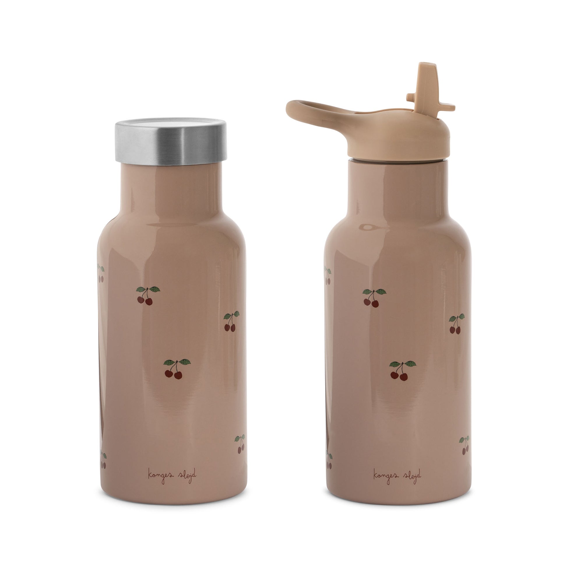 Gourde Konges Slojd en acier inoxydable beige clair, capacité 350 ml. Impression graphique colorée. Deux couvercles inclus, dont un avec une paille. Brosse de nettoyage incluse