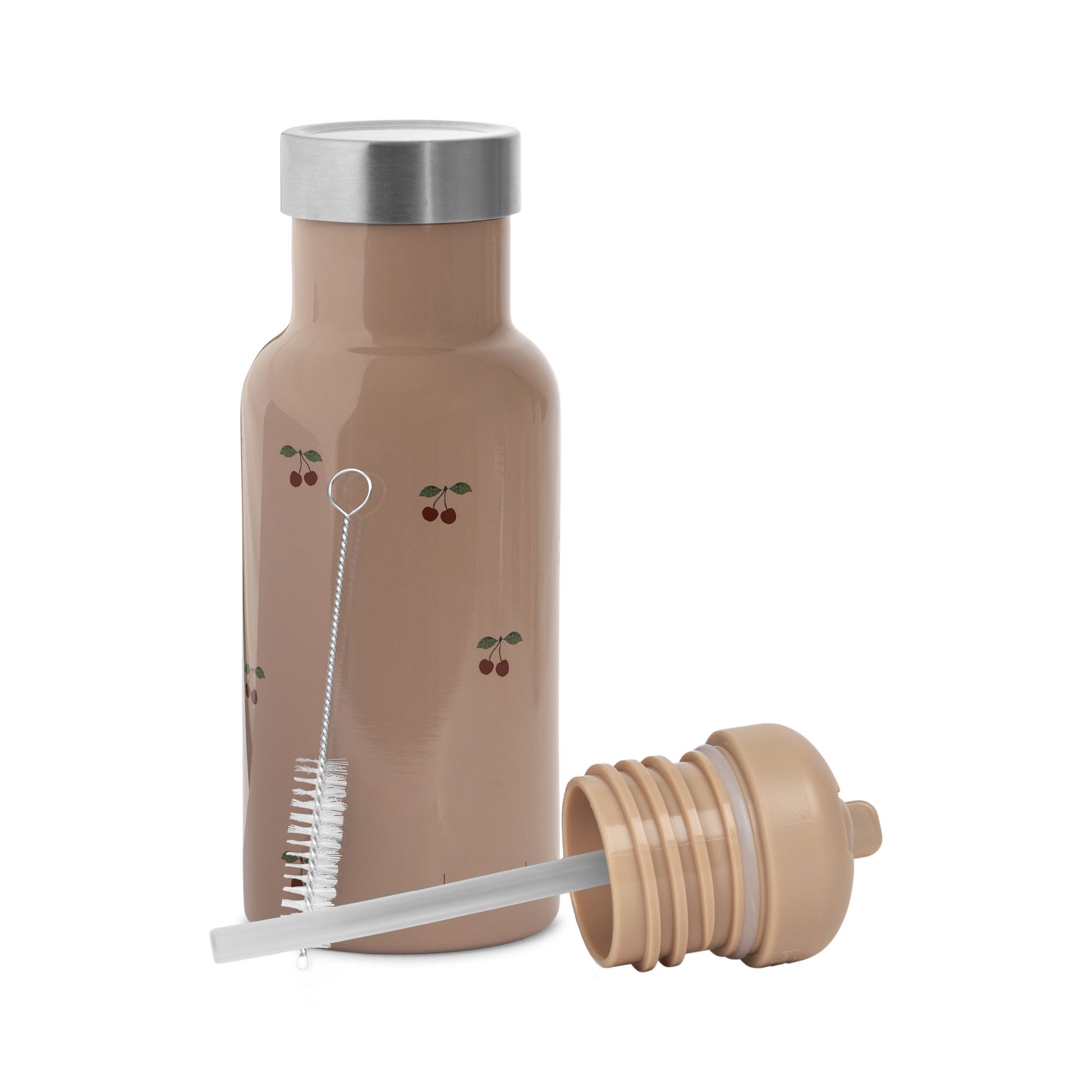 Gourde Konges Slojd en acier inoxydable beige clair, capacité 350 ml. Impression graphique colorée. Deux couvercles inclus, dont un avec une paille. Brosse de nettoyage incluse