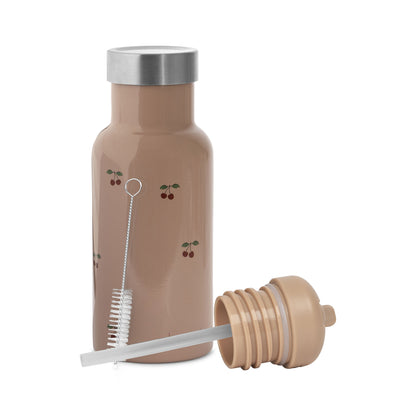 Gourde Konges Slojd en acier inoxydable beige clair, capacité 350 ml. Impression graphique colorée. Deux couvercles inclus, dont un avec une paille. Brosse de nettoyage incluse