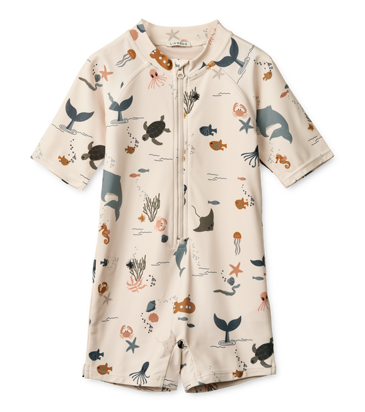 Combinaison de Bain Anti-UV Enfant Max - Manches Courtes, Col Montant, Polyester Recyclé, Protection UV 40, Sea Creatures