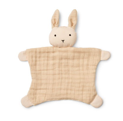 Image d'un doudou lapin en coton bio plat.